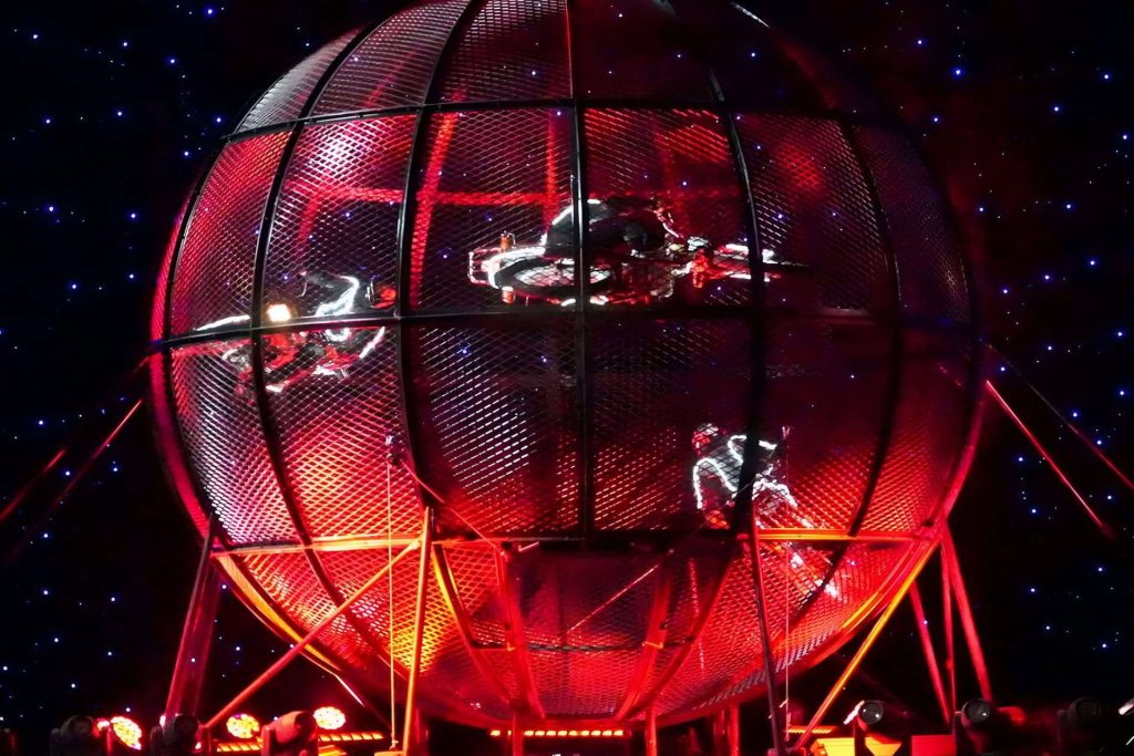 Six motorcycles performing simultaneously inside steel cage at Chaoyang Theatre Beijing